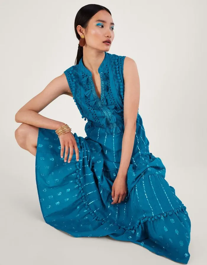 Monsoon Sidne Sleeveless Midi Kaftan Blue Women Beachwear and Swimwear Monsoon Sidne Sleeveless Midi Kaftan Blue Women Beachwear and Swimwear