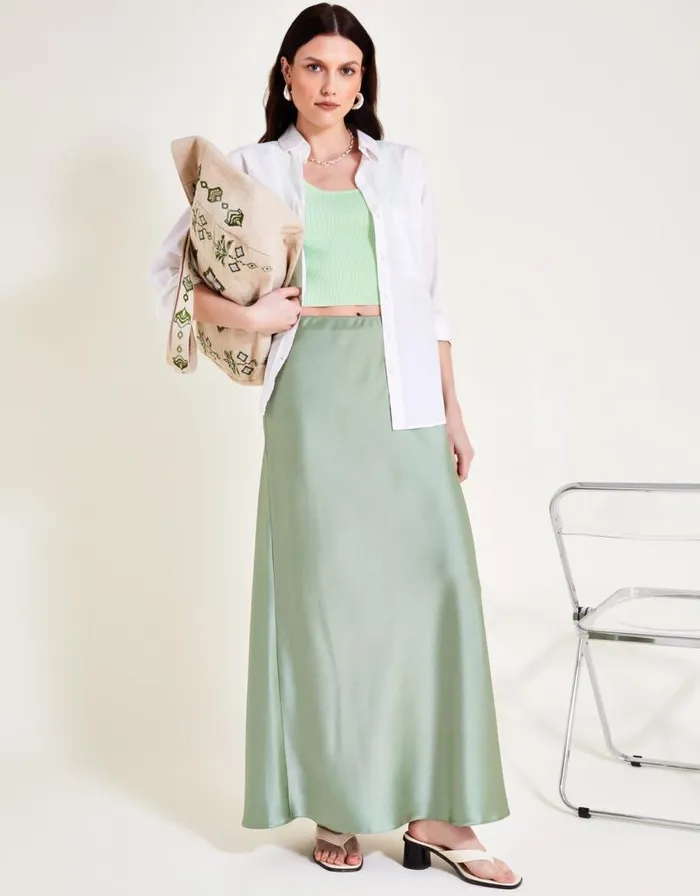 Monsoon Sofia Satin Maxi Skirt Green Women Skirts