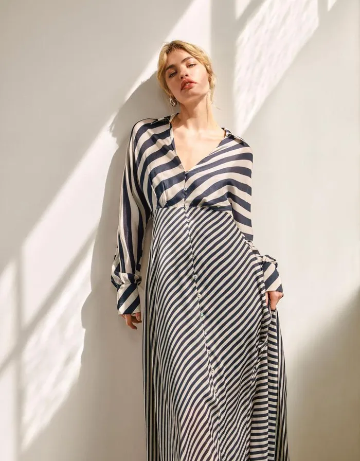 Monsoon Sofia Stripe Dress Black Women Midi Dresses