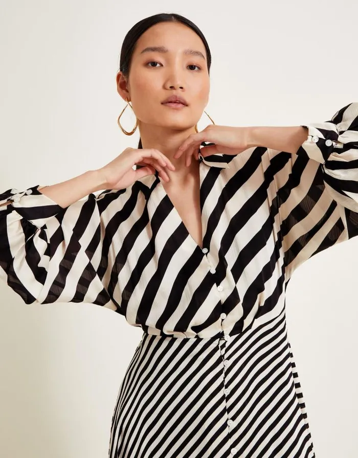 Monsoon Sofia Stripe Dress Black Women Midi Dresses Monsoon Sofia Stripe Dress Black Women Midi Dresses