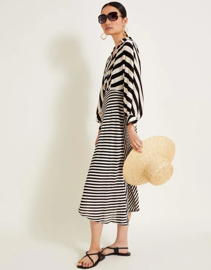 Monsoon Sofia Stripe Dress Black Women Midi Dresses Monsoon Sofia Stripe Dress Black Women Midi Dresses