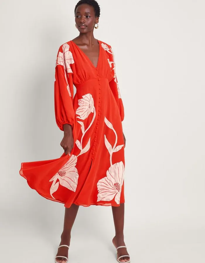Monsoon Talia Floral Applique Midi Tea Dress Orange Women Occasion Dresses