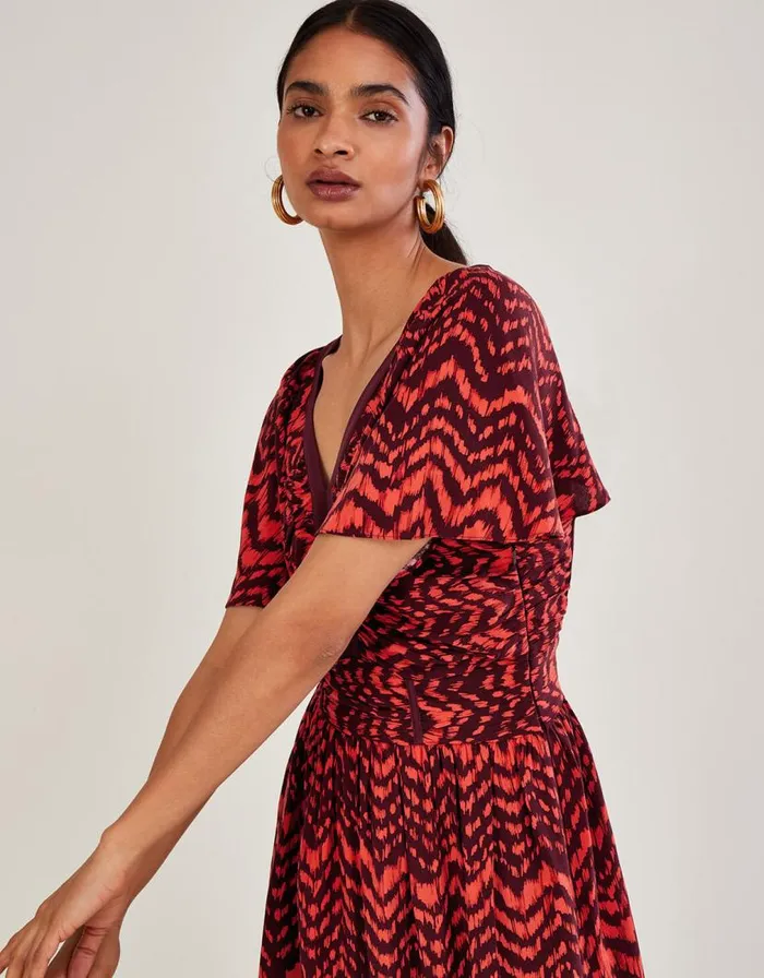 Monsoon VNeck ZigZag Animal Print Dress Red Women Casualwear Monsoon VNeck ZigZag Animal Print Dress Red Women Casualwear