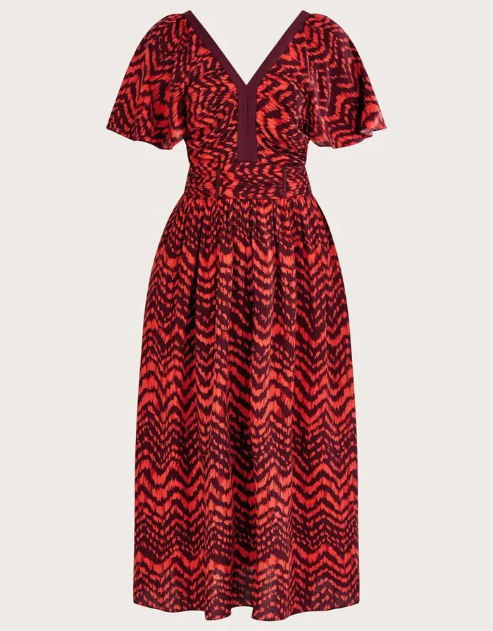 Monsoon VNeck ZigZag Animal Print Dress Red Women Casualwear Monsoon VNeck ZigZag Animal Print Dress Red Women Casualwear