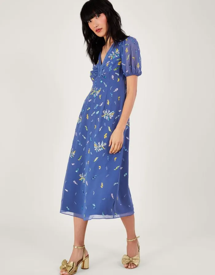 Monsoon Zena Sequin Tea Dress Blue Women Occasionwear