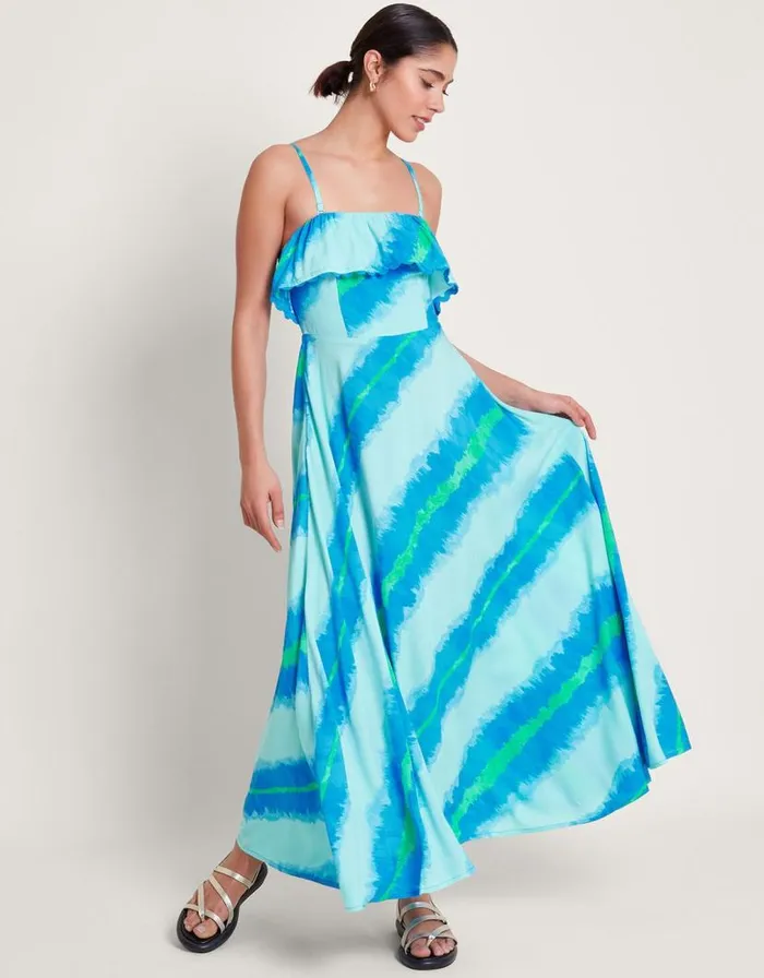 Monsoon Zifia Stripe Ruffle Dress Blue Women Midi Dresses