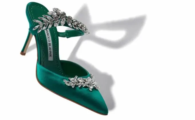 Mules Women Manolo Blahnik LURUMGreen Satin Crystal Embellished Mules