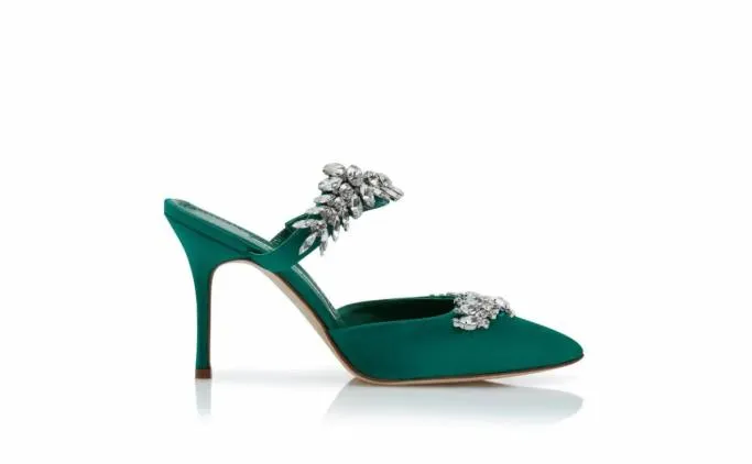 Mules Women Manolo Blahnik LURUMGreen Satin Crystal Embellished Mules Mules Women Manolo Blahnik LURUMGreen Satin Crystal Embellished Mules