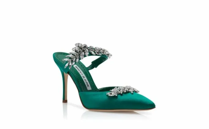 Mules Women Manolo Blahnik LURUMGreen Satin Crystal Embellished Mules Mules Women Manolo Blahnik LURUMGreen Satin Crystal Embellished Mules