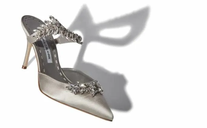 Mules Women Manolo Blahnik LURUMGrey Satin Crystal Embellished Mules