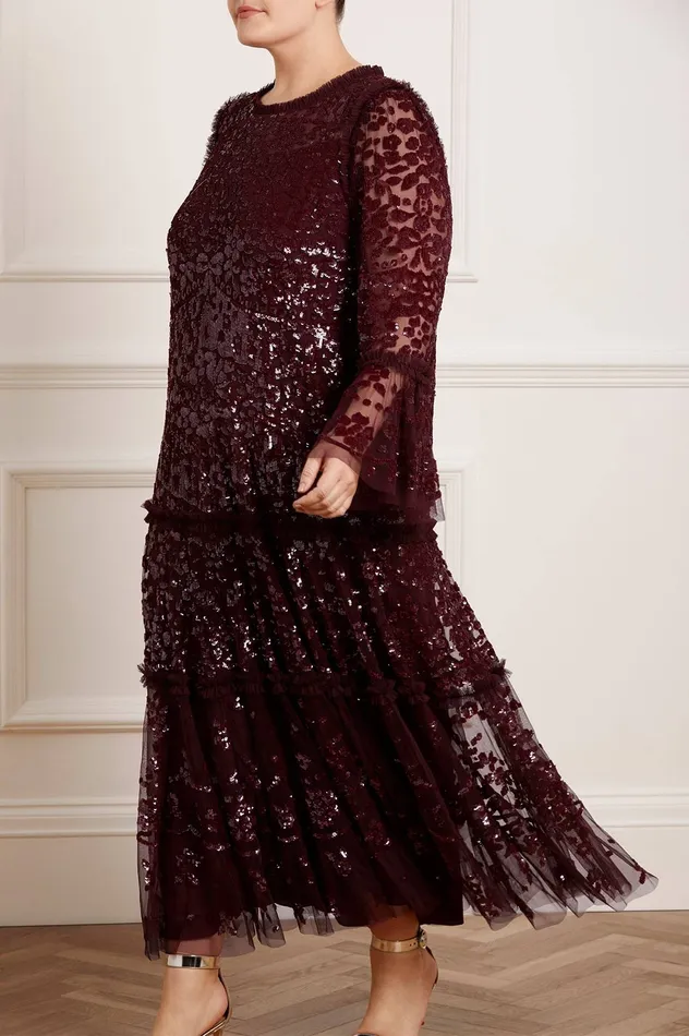 Needle and Thread Annie Sequin Tiered Ankle Gown Burgundy Women Embellished Dresses Needle and Thread Annie Sequin Tiered Ankle Gown Burgundy Women Embellished Dresses