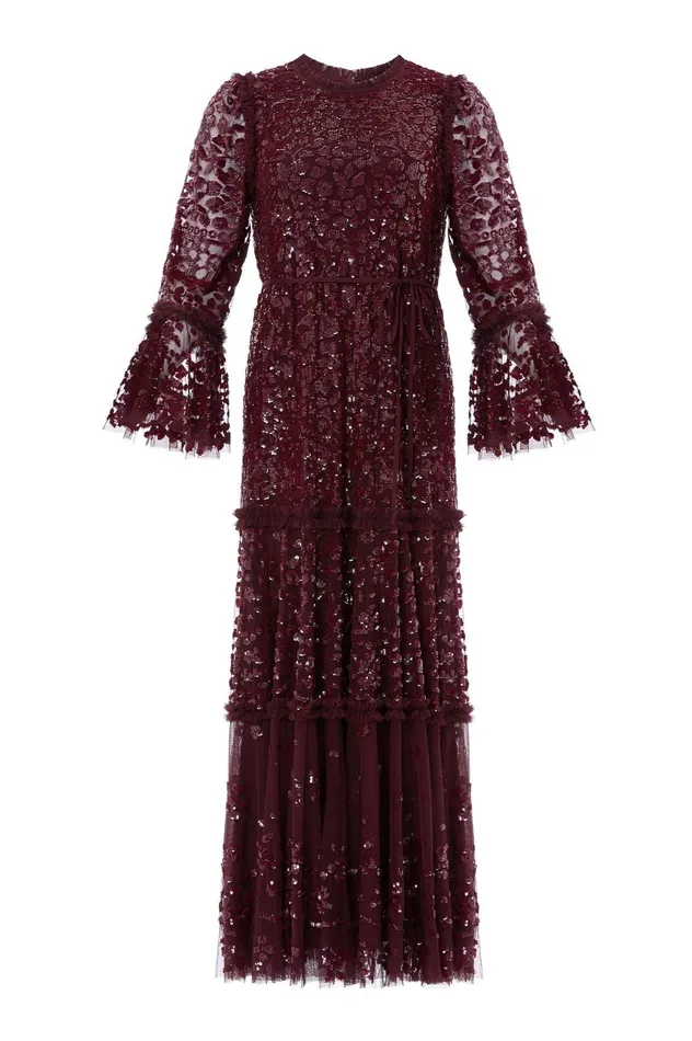 Needle and Thread Annie Sequin Tiered Ankle Gown Burgundy Women Embellished Dresses