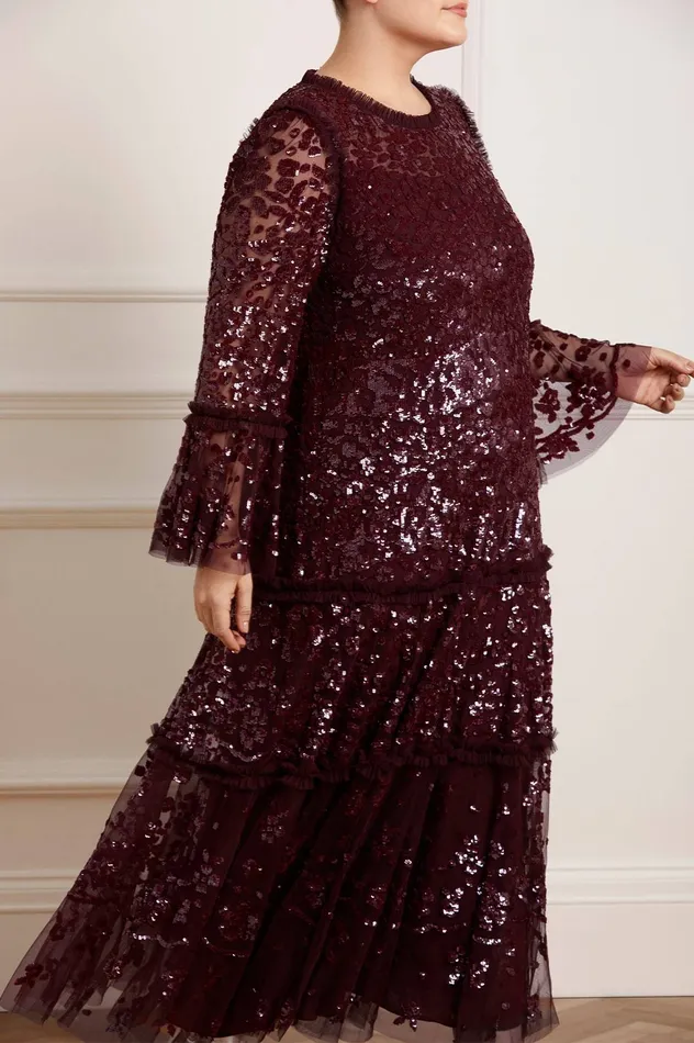 Needle and Thread Annie Sequin Tiered Ankle Gown Burgundy Women Embellished Dresses