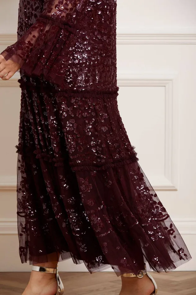 Needle and Thread Annie Sequin Tiered Ankle Gown Burgundy Women Embellished Dresses