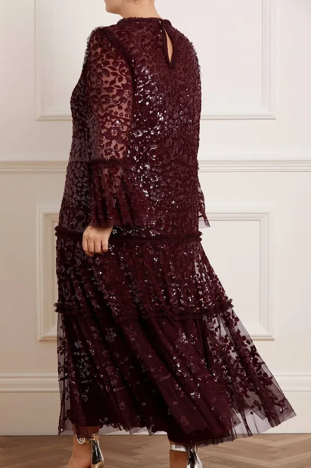 Needle and Thread Annie Sequin Tiered Ankle Gown Burgundy Women Embellished Dresses