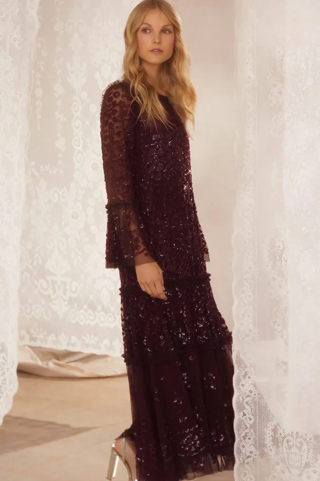 Needle and Thread Annie Sequin Tiered Ankle Gown Burgundy Women Embellished Dresses