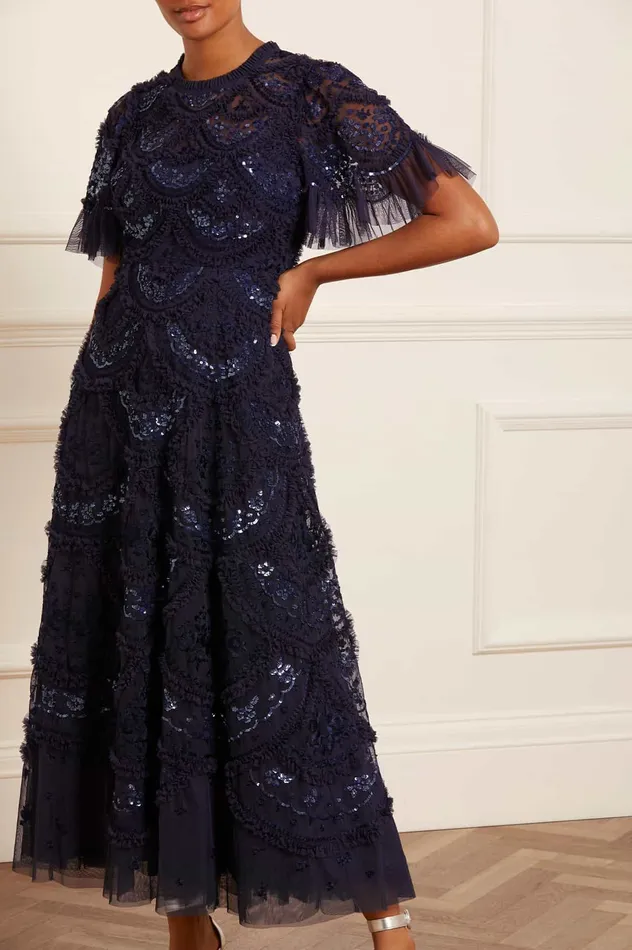 Needle and Thread Carmen Ruffle Ankle Gown Blue Women Embroidered Dresses