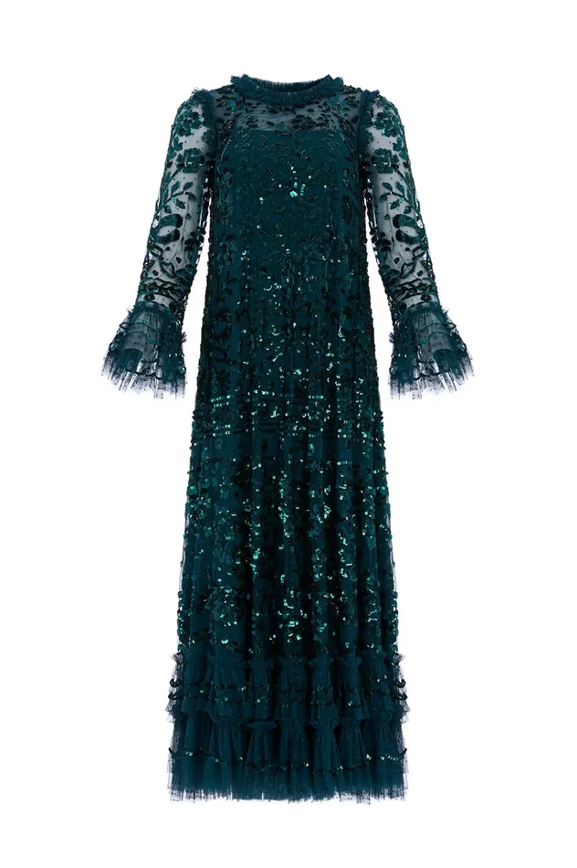 Needle and Thread Celia Long Sleeve Ankle Gown Green Women Embellished Dresses