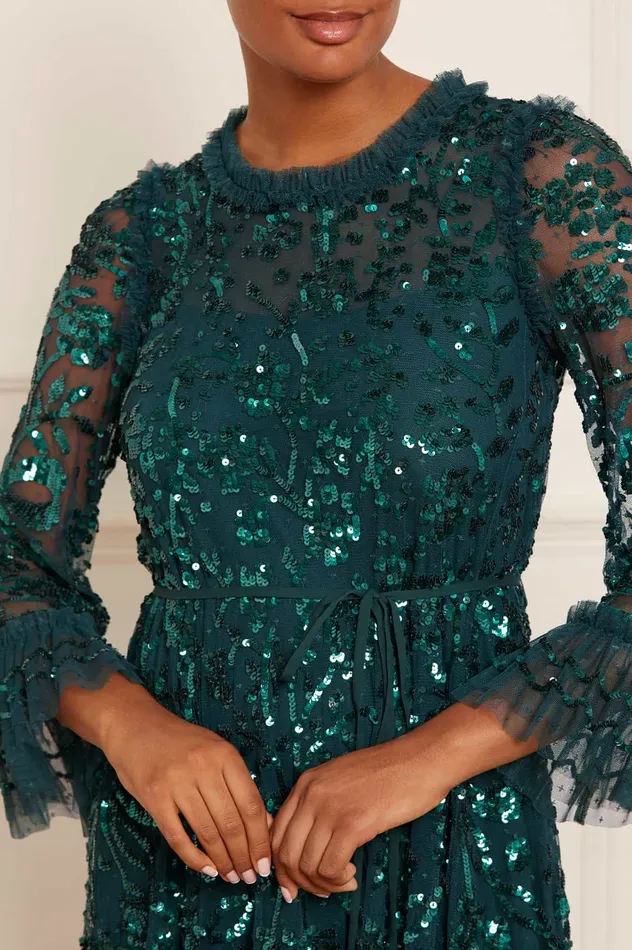 Needle and Thread Celia Long Sleeve Ankle Gown Green Women Embellished Dresses