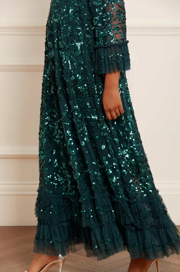 Needle and Thread Celia Long Sleeve Ankle Gown Green Women Embellished Dresses