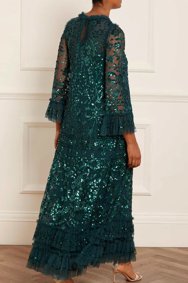 Needle and Thread Celia Long Sleeve Ankle Gown Green Women Embellished Dresses