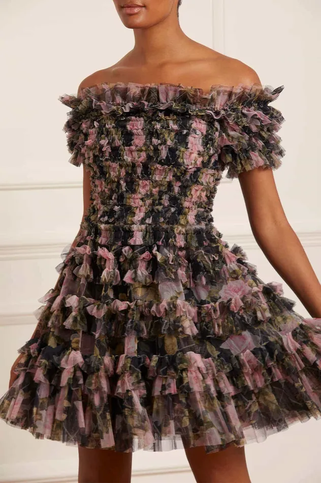 Needle and Thread English Rose Lisette Off Shoulder Micro Mini Dress Black Women Printed Dresses