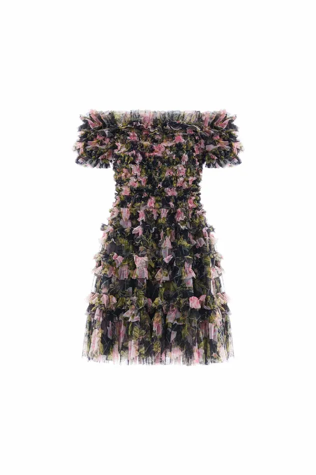 Needle and Thread English Rose Lisette Off Shoulder Micro Mini Dress Black Women Printed Dresses