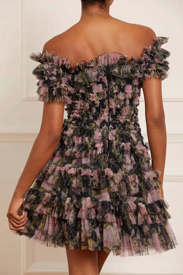 Needle and Thread English Rose Lisette Off Shoulder Micro Mini Dress Black Women Printed Dresses