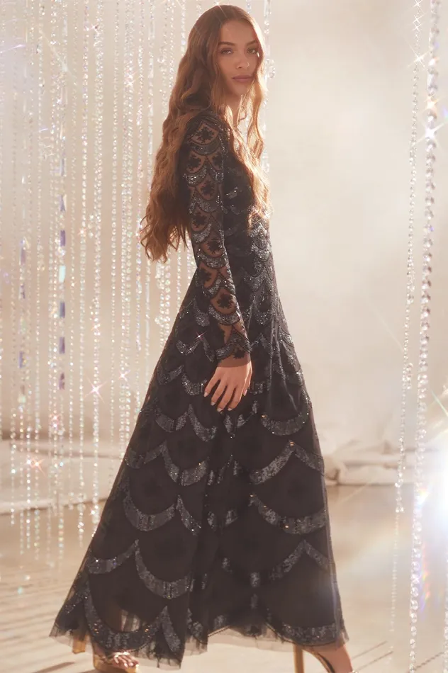 Needle and Thread Fifi Long Sleeve Ankle Gown Black Women Exclusives