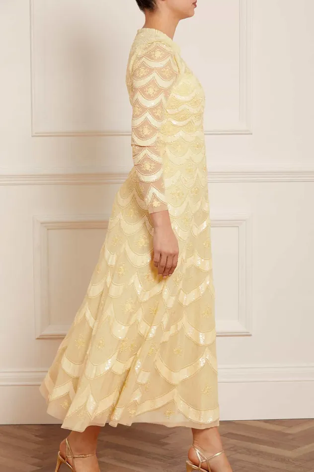 Needle and Thread Fifi Long Sleeve Ankle Gown Yellow Women Embellished Dresses