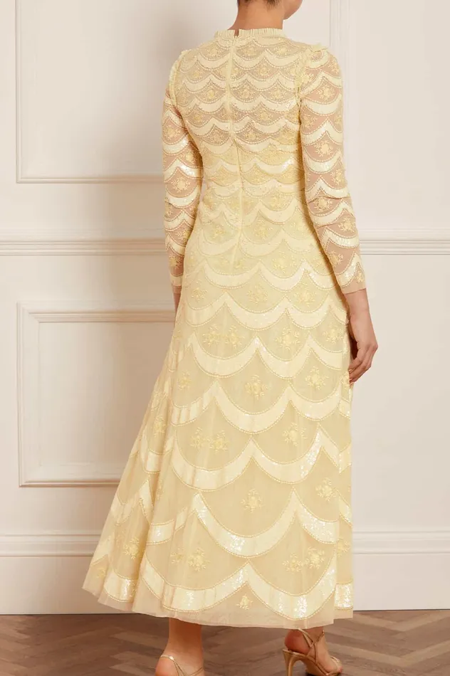 Needle and Thread Fifi Long Sleeve Ankle Gown Yellow Women Embellished Dresses