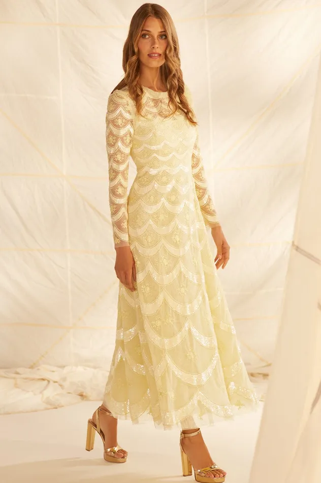 Needle and Thread Fifi Long Sleeve Ankle Gown Yellow Women Embellished Dresses