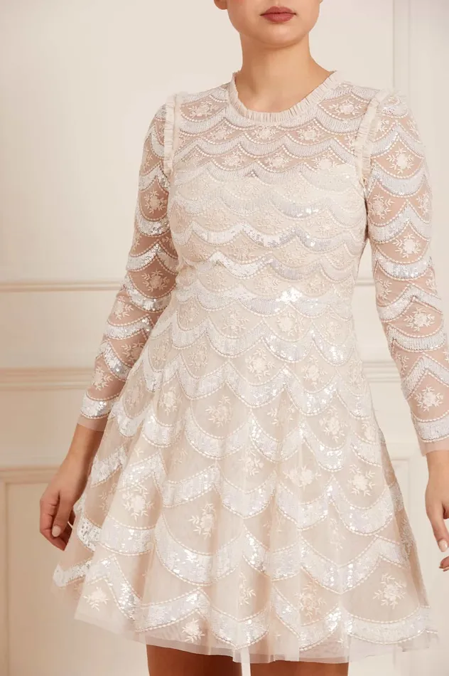 Needle and Thread Fifi Long Sleeve Mini Dress Champagne Women Embellished Dresses