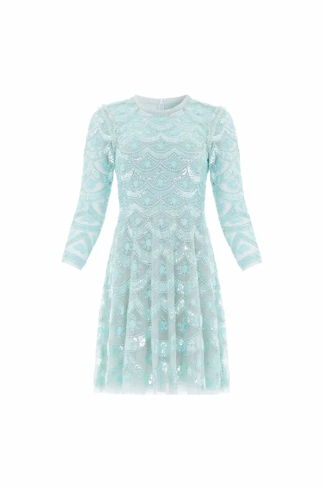 Needle and Thread Fifi Long Sleeve Mini Dress Green Women Embellished Dresses