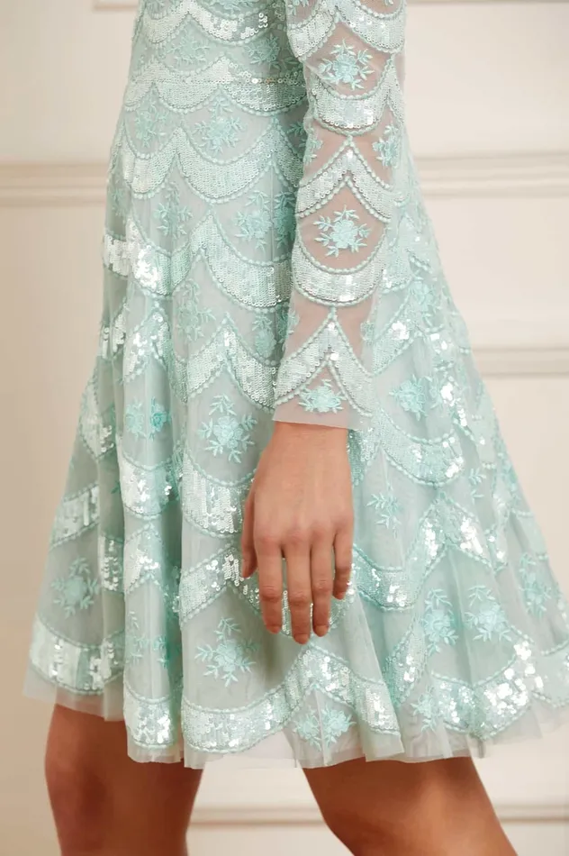 Needle and Thread Fifi Long Sleeve Mini Dress Green Women Embellished Dresses