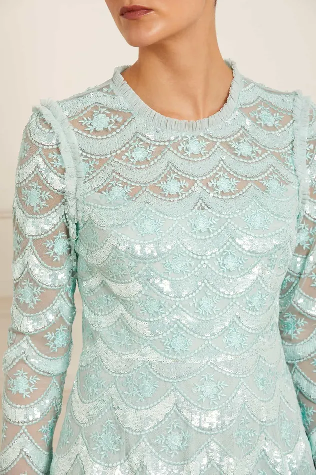 Needle and Thread Fifi Long Sleeve Mini Dress Green Women Embellished Dresses
