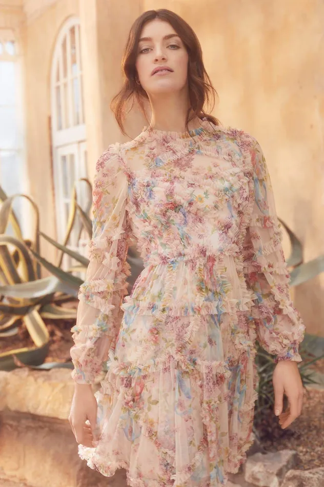Needle and Thread Floral Diamond Ruffle Dress Multi Women Printed Dresses