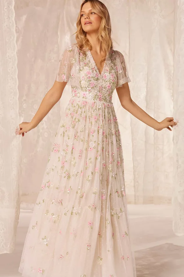 Needle and Thread Freesia Shimmer VNeck Gown Champagne Women Embellished Dresses Needle and Thread Freesia Shimmer VNeck Gown Champagne Women Embellished Dresses