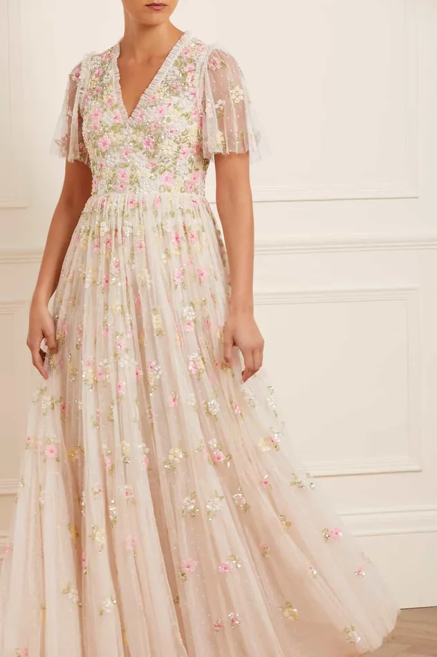 Needle and Thread Freesia Shimmer VNeck Gown Champagne Women Embellished Dresses Needle and Thread Freesia Shimmer VNeck Gown Champagne Women Embellished Dresses
