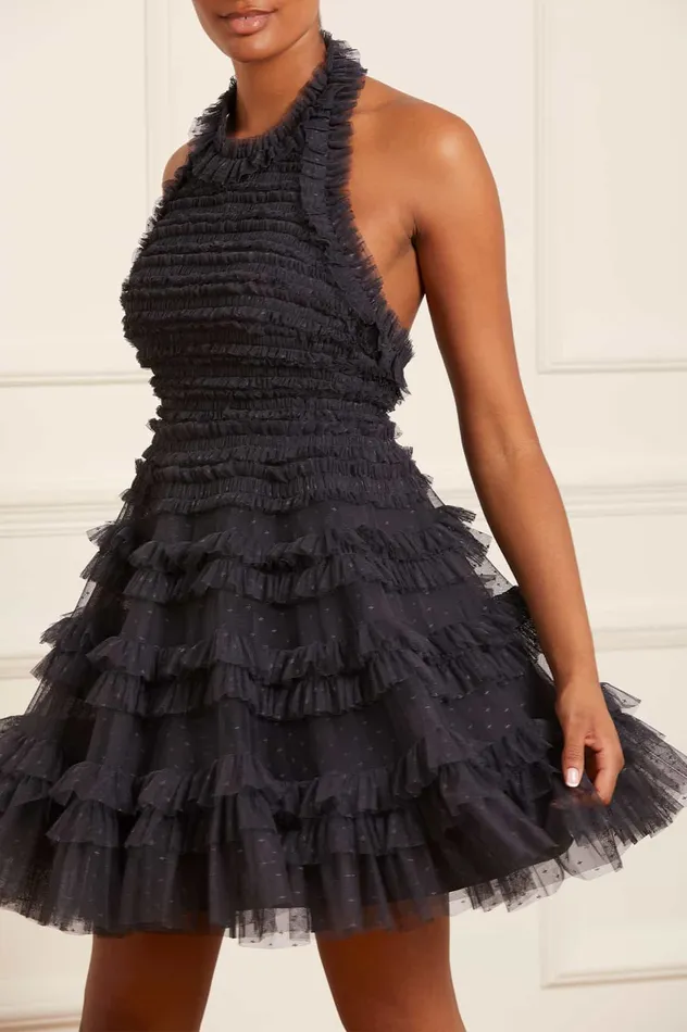 Needle and Thread Lisette Ruffle Halter Neck Micro Mini Dress Black Women Evening Dresses