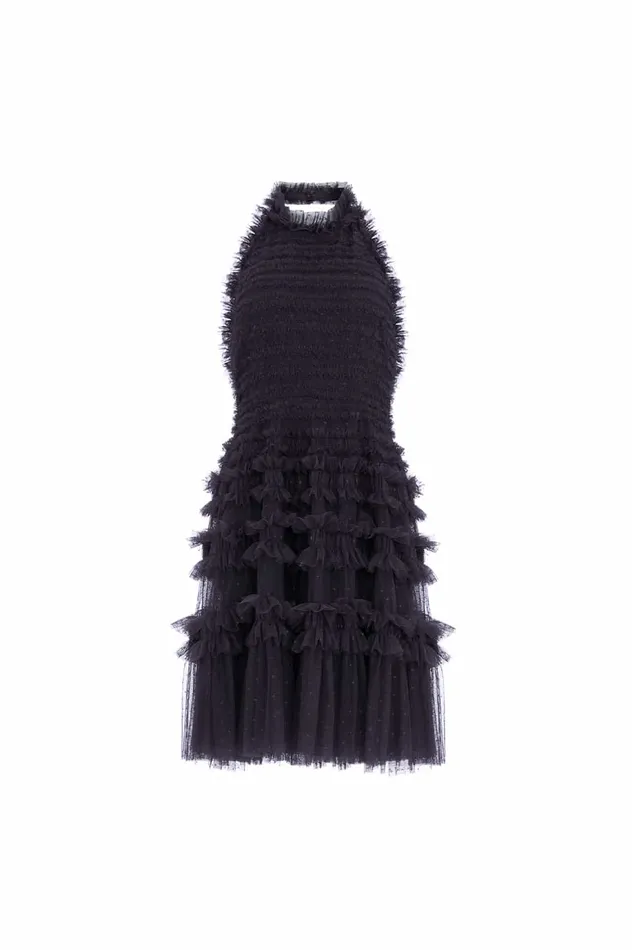 Needle and Thread Lisette Ruffle Halter Neck Micro Mini Dress Black Women Evening Dresses
