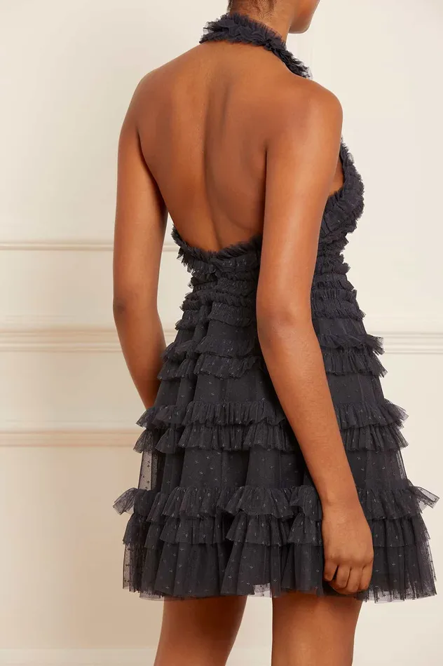 Needle and Thread Lisette Ruffle Halter Neck Micro Mini Dress Black Women Evening Dresses