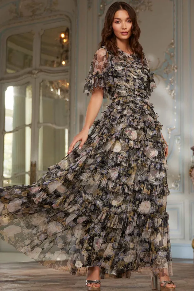 Needle and Thread Moonlight Petals Round Neck Gown Black Women Printed Dresses Needle and Thread Moonlight Petals Round Neck Gown Black Women Printed Dresses