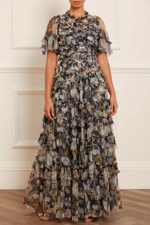 Needle and Thread Moonlight Petals Round Neck Gown Black Women Printed Dresses