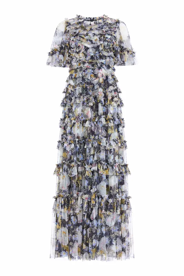 Needle and Thread Moonlight Petals Round Neck Gown Black Women Printed Dresses