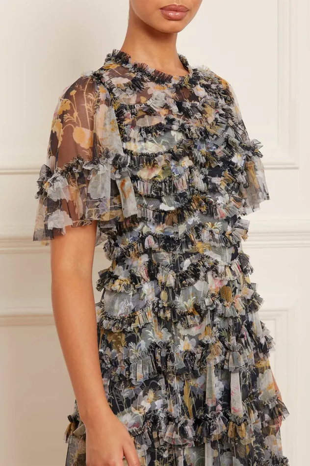 Needle and Thread Moonlight Petals Round Neck Gown Black Women Printed Dresses