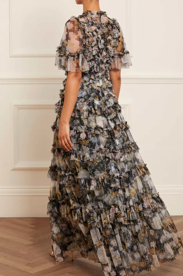 Needle and Thread Moonlight Petals Round Neck Gown Black Women Printed Dresses