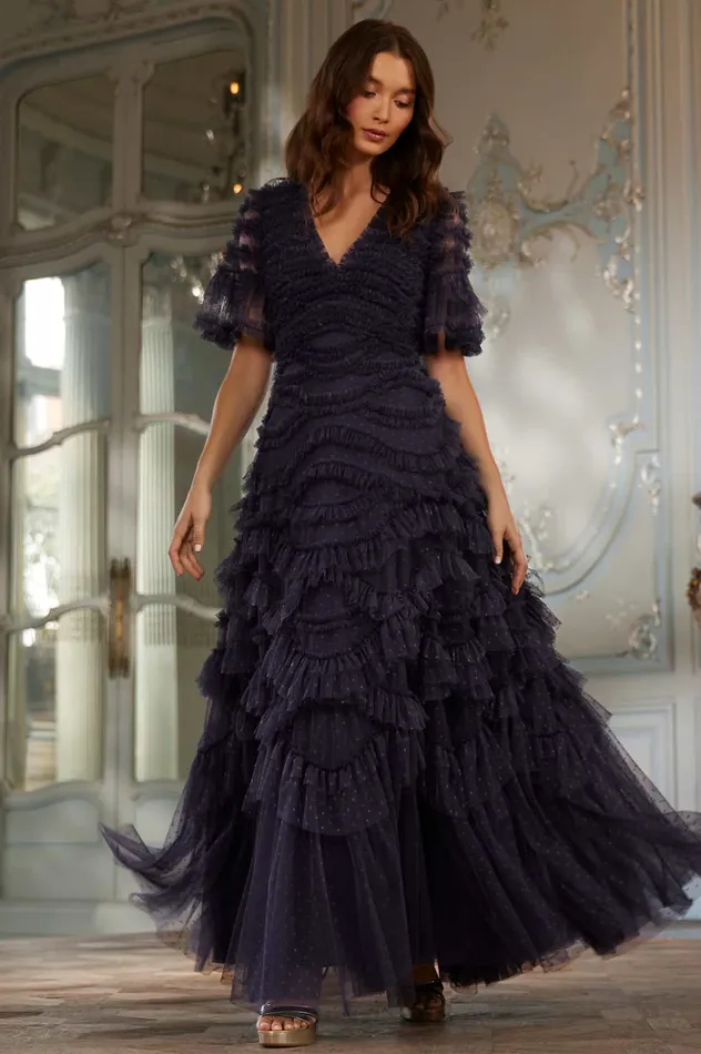 Needle and Thread Phoenix VNeck Gown Blue Women Evening Dresses
