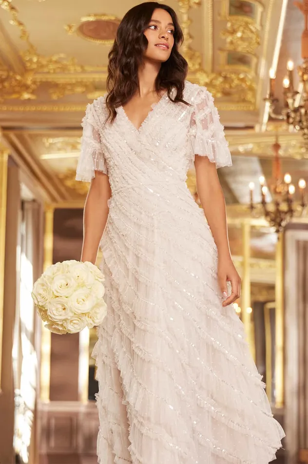 Needle and Thread Spiral Sequin VNeck Ankle Gown Champagne Women Embellished Dresses Needle and Thread Spiral Sequin VNeck Ankle Gown Champagne Women Embellished Dresses