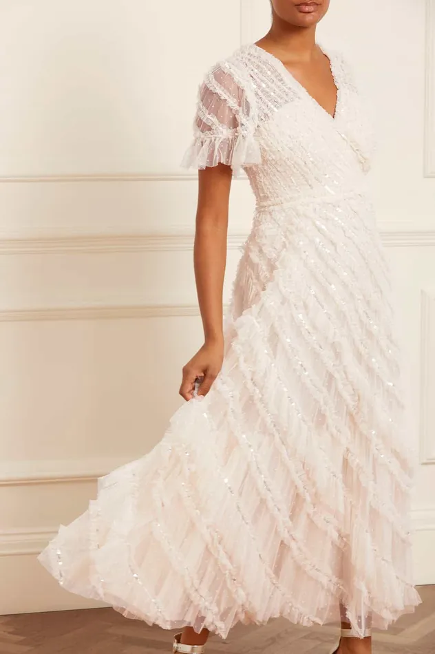 Needle and Thread Spiral Sequin VNeck Ankle Gown Champagne Women Embellished Dresses